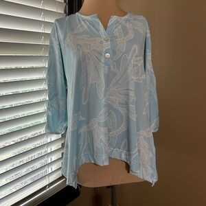Le Mer Luxe Elegant Sky Blue Leaf Print Blouse